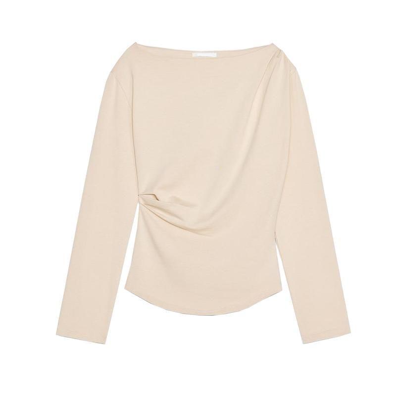 Spring New Women Clothes Gyaru Wind Boat Collar Side Pleat Decorative Long Sleeves Shirt Bottoming Shirt 1198160