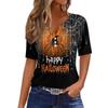 Womens Casual Halloween V Neck Short Sleeve Button T Shirt Spider Web Print Lightweight Top for Fall Seasonal Wear