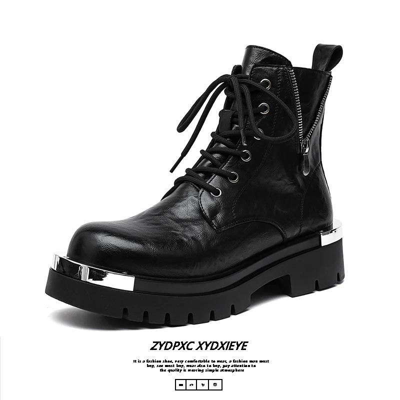Fashion Men's Casual Leather Boots Fashion Antiskid Lace-Up Walking Boots High Quality Patent Leather Round Toe Work Thick Bottom Boots