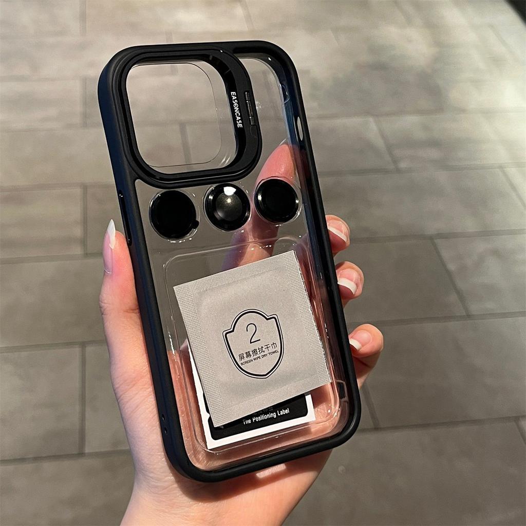 Luxus Halterung Transparente Handyhülle für iPhone 15 14 13 Pro Max 14 15 Plus mit Halter Kameraobjektivschutz Stoßfeste Hülle