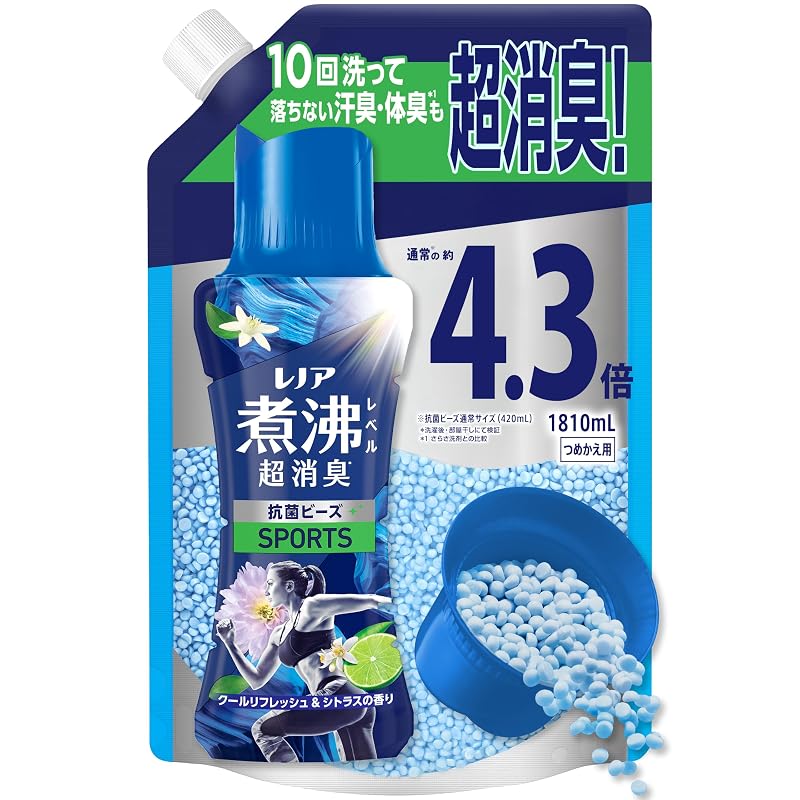 Lenor Boil-Level Super Deodorizing Antibacterial Beads SPORTS Cool Refresh & Citrus Scent Refill 1810mL [Large Capacity] Long-lasting effect when used