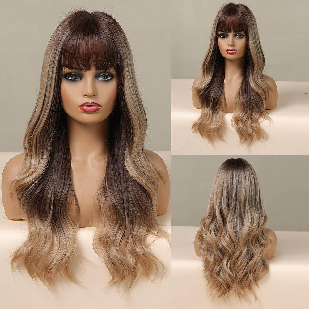 EASIHAIR Blonde Mixed Ombre Synthetic Wigs Long Wavy Natural Hair Wigs with Bangs for Women Cosplay Lolita Wig Heat Resistant