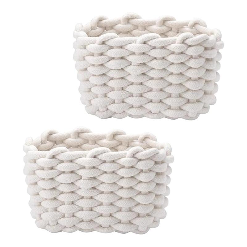 Set Of 2 Natural White Handwoven Cotton Storage Baskets Practical Foldable Organizers For Bedroom Living Room 1 1780₽