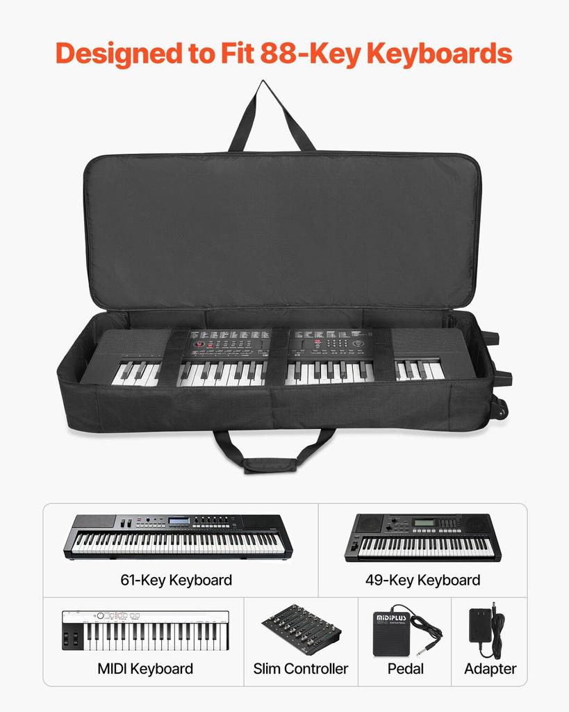 88 Key Keyboard Case, 1040 x 430 x 130 mm Interior, Padded Rolling Piano Case with Wheels, Sturdy Handle, 3-Pocket Storage, Gig Bag with Smooth