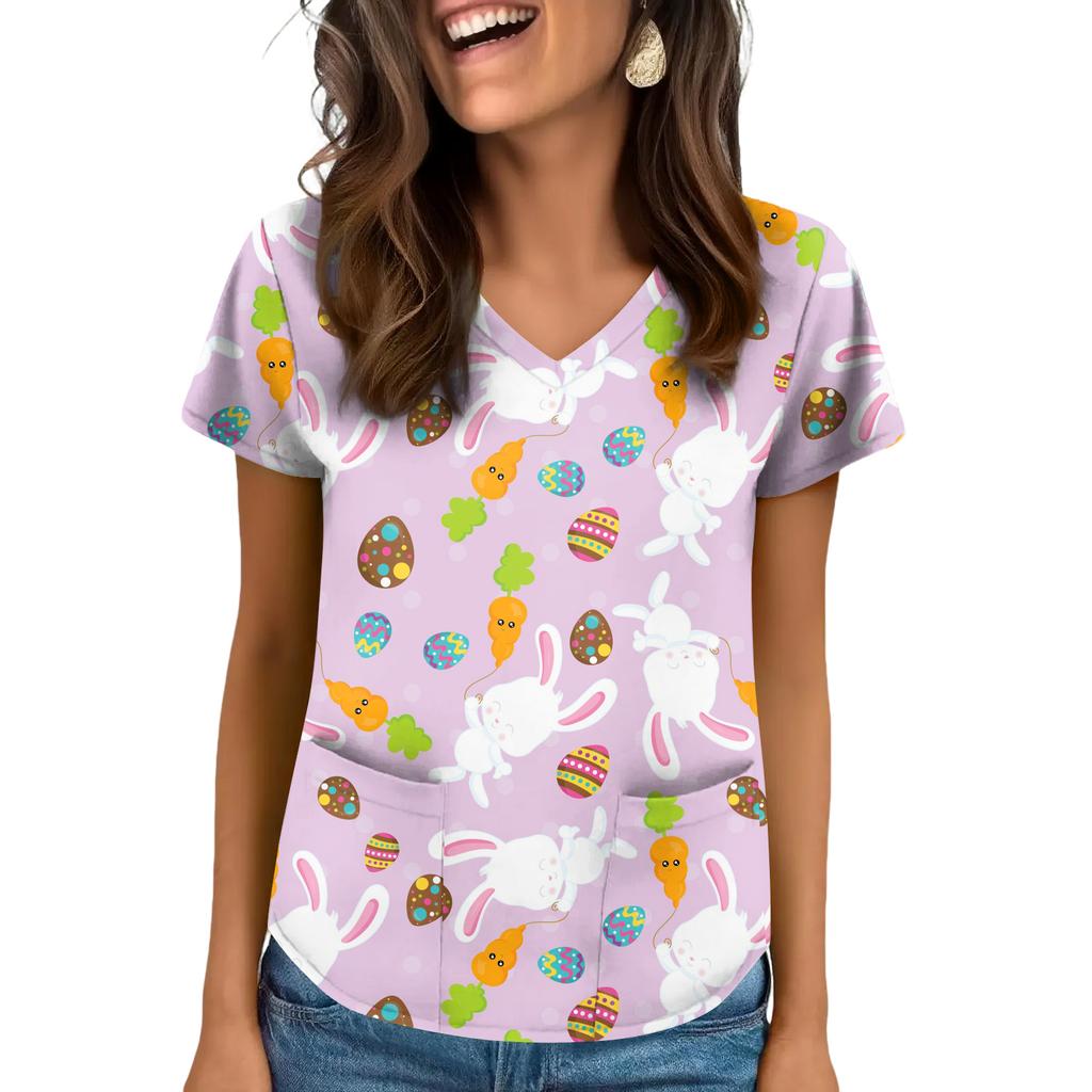 Women's V-Neck Easter Print Short-Sleeve Pocket Top With Side Slit