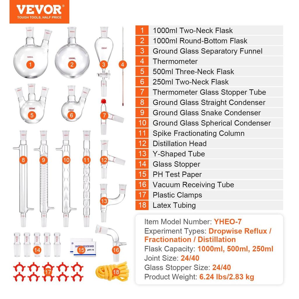 Lab Distillation Kit, 3.3 Boro Lab Glassware Distillation Kit with 24, 40 Joint, 1000ml Essential Oil Distillation Apparatus Kit, 32 pcs Set of