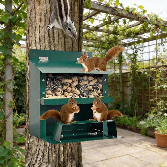 Outside Squirrel Feeder Metal Chipmunk Feeder with Clear Window Outdoor Wall Mounted Peanut Feeder Gift for Wildlife Lovers