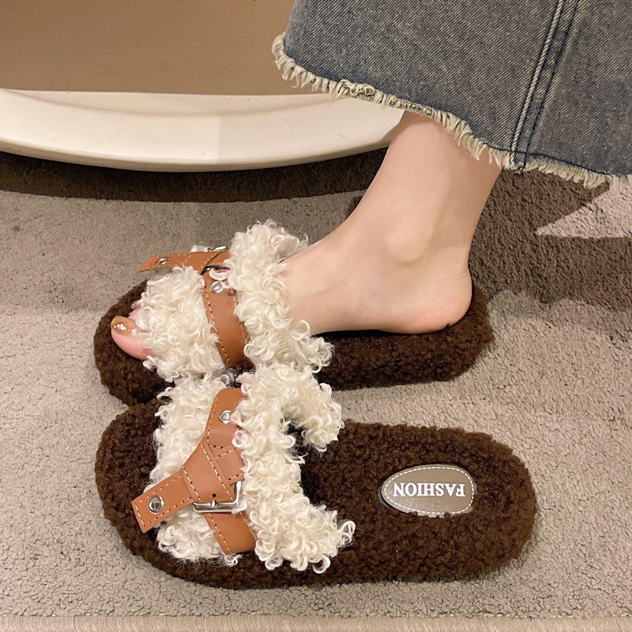 

Women s Autumn & Winter Lamb Wool Fur Flat Slippers - Cozy, Fashionable Outdoor Wear 38-39 білий