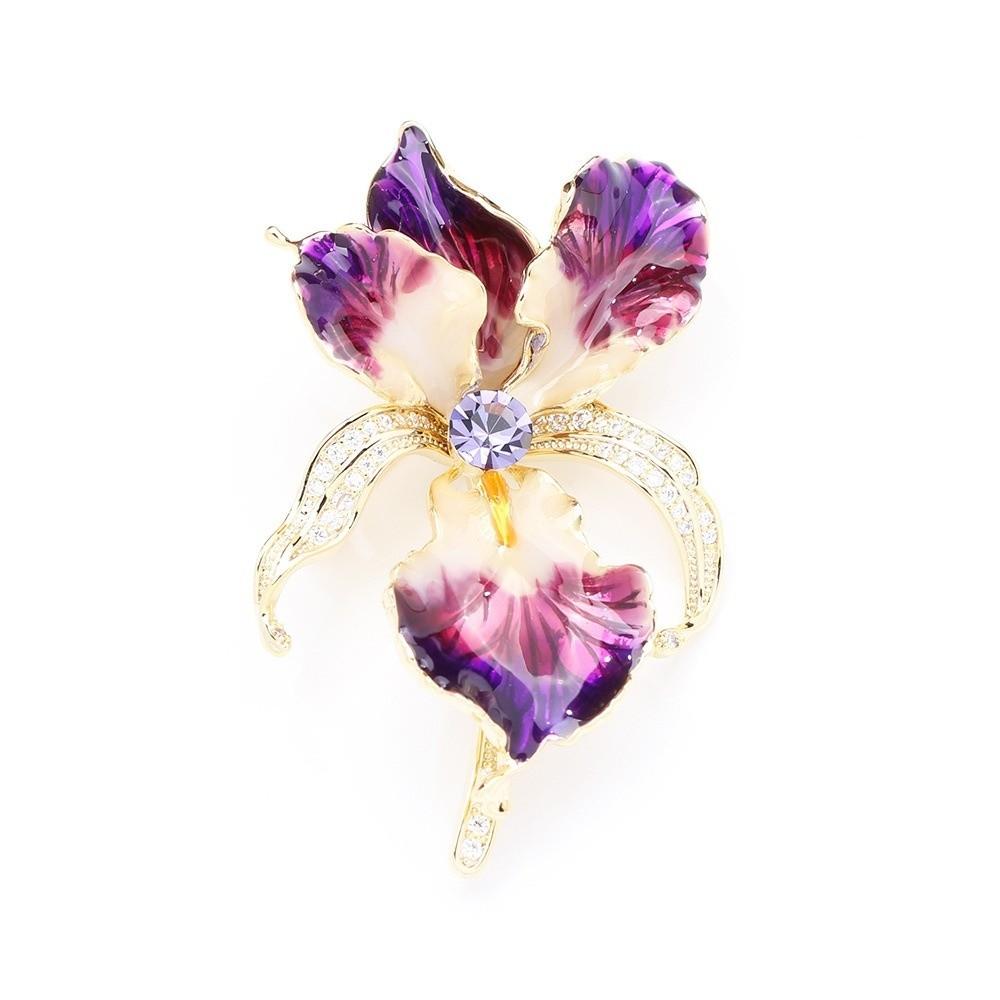 Sparkling Iris Flower Brooch Rhinestone Plants Badge Vintage Enamel Lapel Pin  Gift