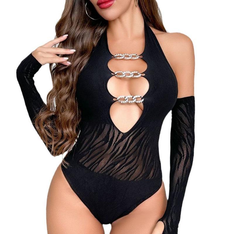 

Эротическое белье со стразами и ажурной сеткой с длинными рукавами и кристаллами, сексуальное прозрачное боди из сетки One size чёрный