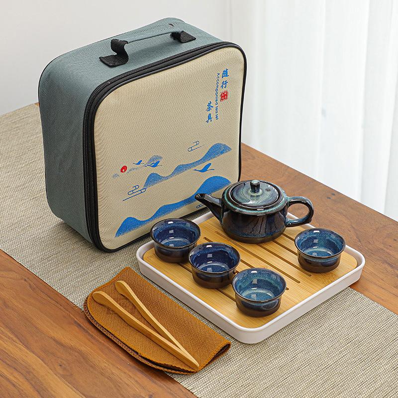 Travel Kung Fu tea set, simple Tianmu glaze brushed sand gold glaze drip pot, real estate business meeting souvenir