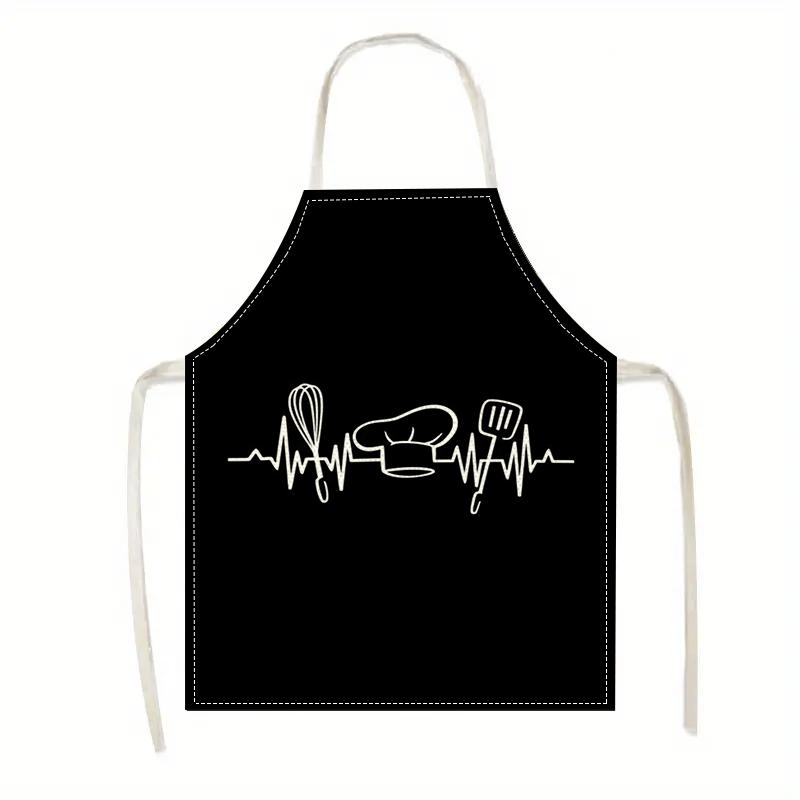 1pcs Chef Apron Linen Kitchen Cooking Baking Gift For Chef Cook Heartbeat Print Black White Utensils Hat Professional Culinary