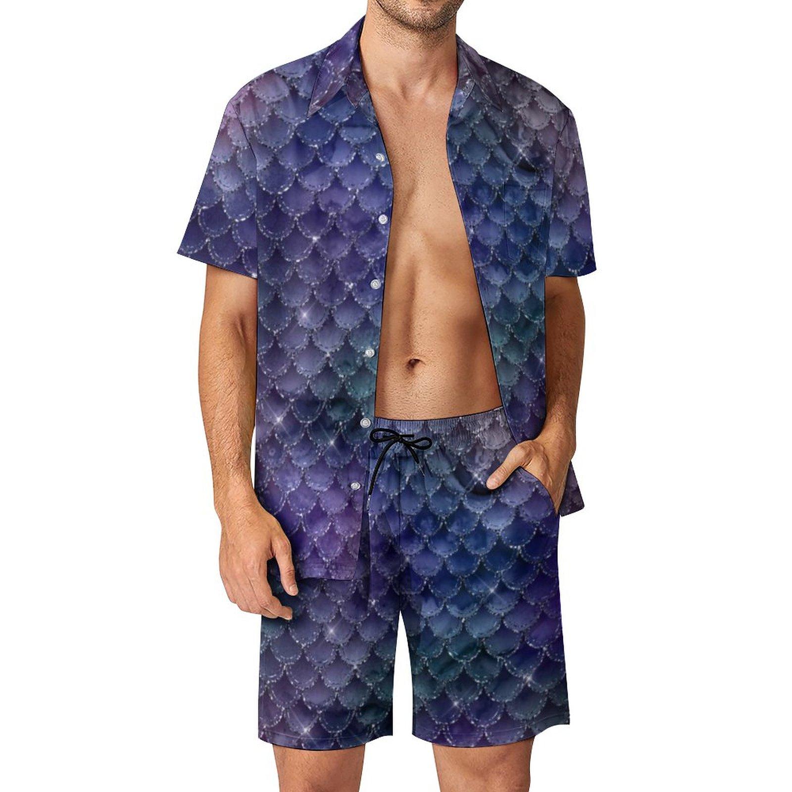 

Men Hawaiian Shirt Sets Purple Blue Splash Abstract Casual Shorts Vintage Beach Shirt Short-Sleeved Graphic Suit S