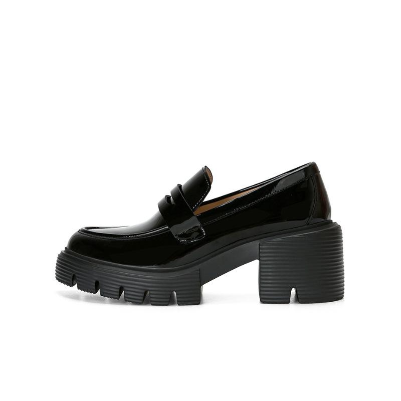 Sheepskin Version~ Genuine Leather Glossy Black Loafers Women's Thick Heel Thick Sole Small Height Increase with Skirt Jk Small Leather Shoes