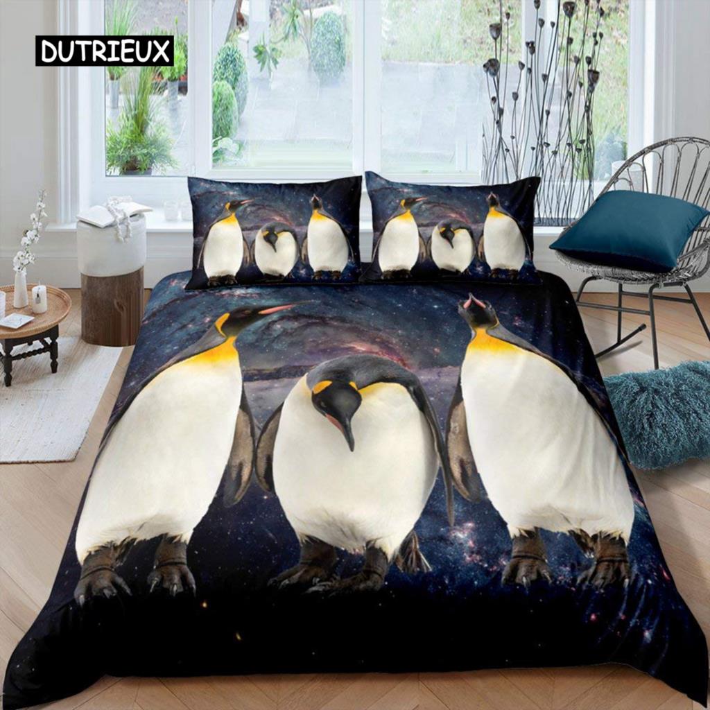 

Комплект постельного белья с изображением пингвина, животные Антарктики, комплект постельного белья для детей, мальчиков и девочек, мультяшный стиль, королевский размер, зимний мотив, одеяло, покрывало 150x200cm 3pcs