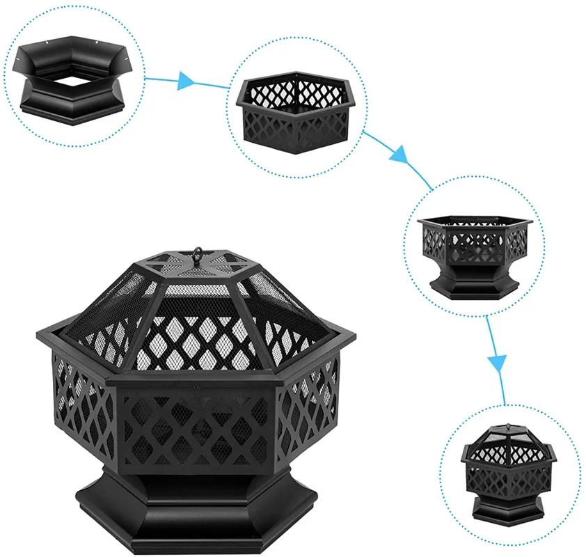 Portable Courtyard Metal Fire Pit 22" Hexagonal Shaped Iron Brazier Wood Burning Fire Pit Decoration for Backyard Poolside