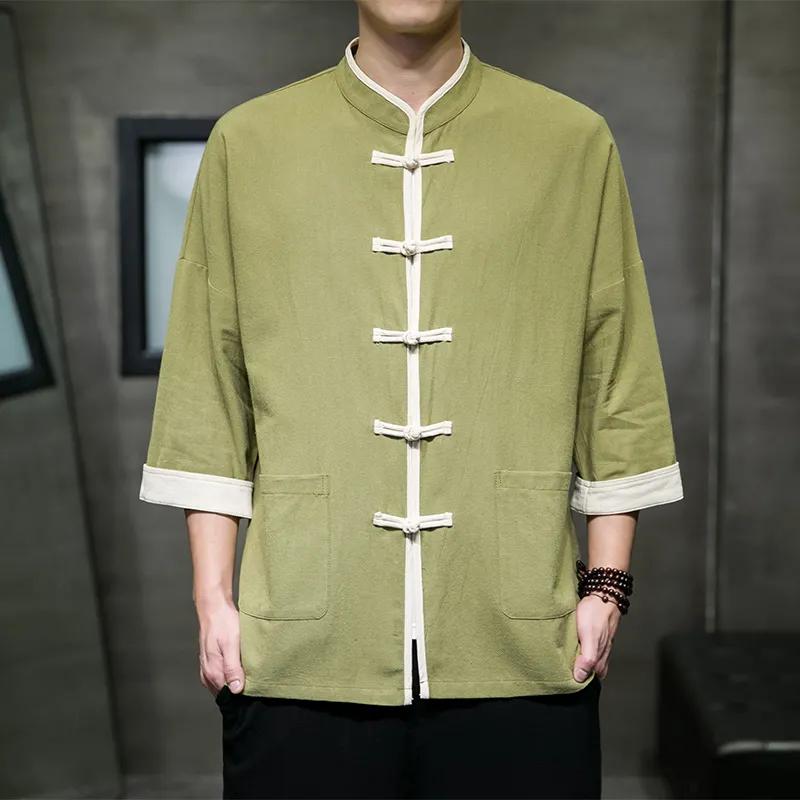 

Chinese Traditional Dress Spring Summer Cotton Line Shirt Men Clothing Plus Size Casual Thin Tops Tang Suit Vintage Coat 2026 M зелений