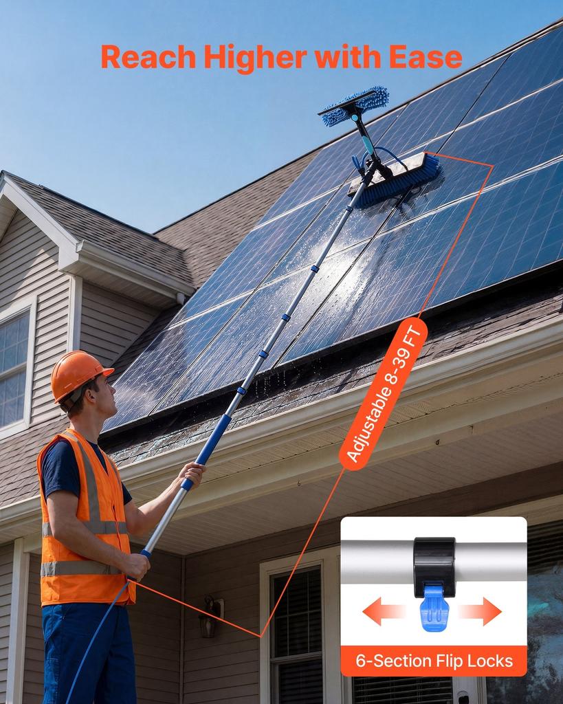 Solar Panel Cleaning Kit, 12.03 m, Water Fed Pole Kit with Cleaning Brush, Soap Dispenser, Extendable Aluminum Telescopic Pole, 180° Rotatable Brush