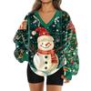 Women's Fashionable V-neck Christmas Printed Long Sleeved Casual Pullover Plush Warm Sweatshirt Top