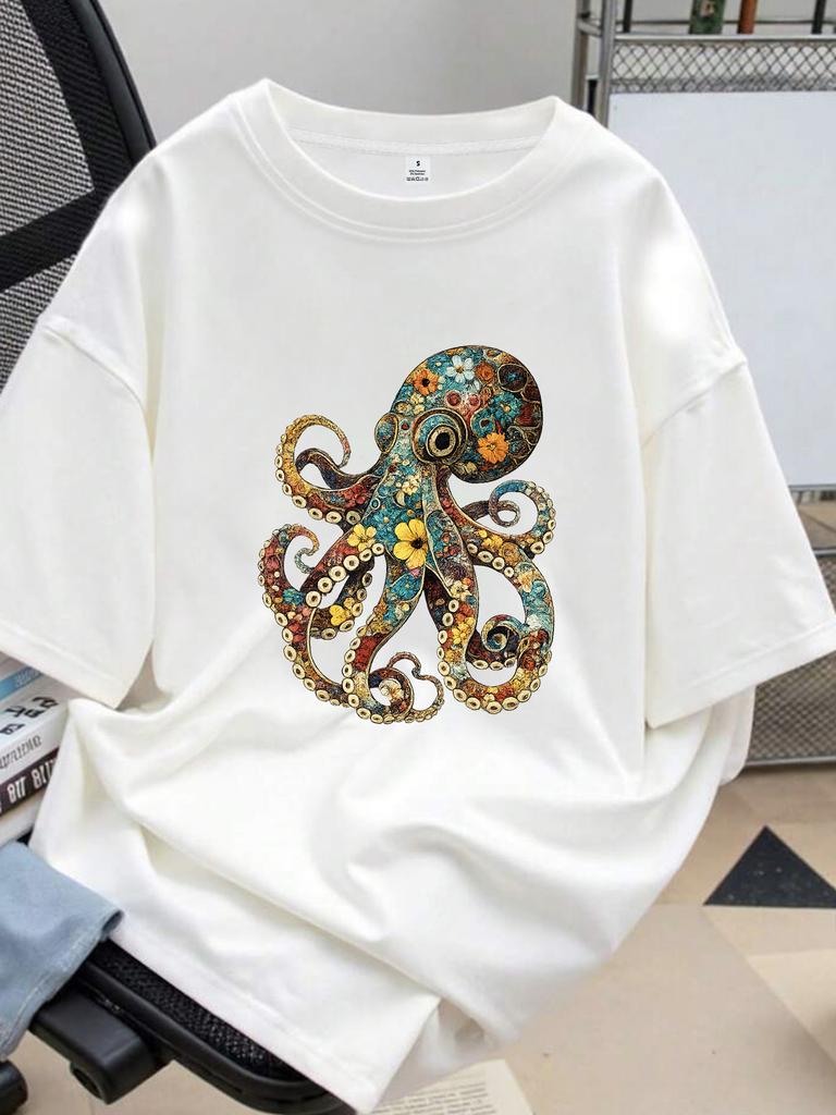 ZXHOctopus print Womens round neck Tshirt summer casual short sleeved top street fashion Womens versatile