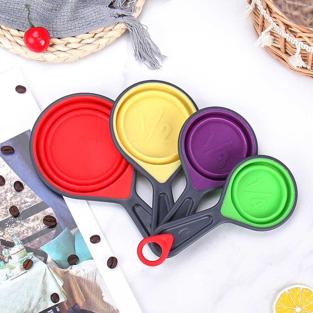 4pcs/set Silicone Folding Measuring Spoon Set with Hanging Holes Telescopic Measuring Cups Clear Scale Coffee Sugar Spice Powder