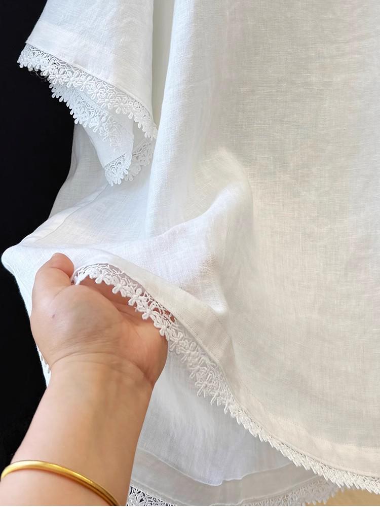 Damen T-Shirt mit kurzen Ärmeln aus Baumwoll-Leinen mit Spitzenbesatz - Schickes & Bequemes Sommeroberteil