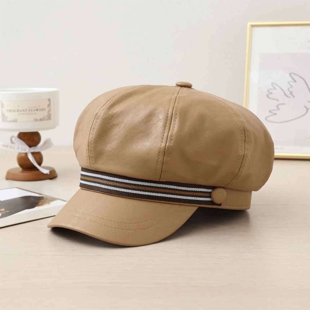 Windproof Octagonal Hat Warm Painter Hat Personality Pu Leather Beret  Autumn