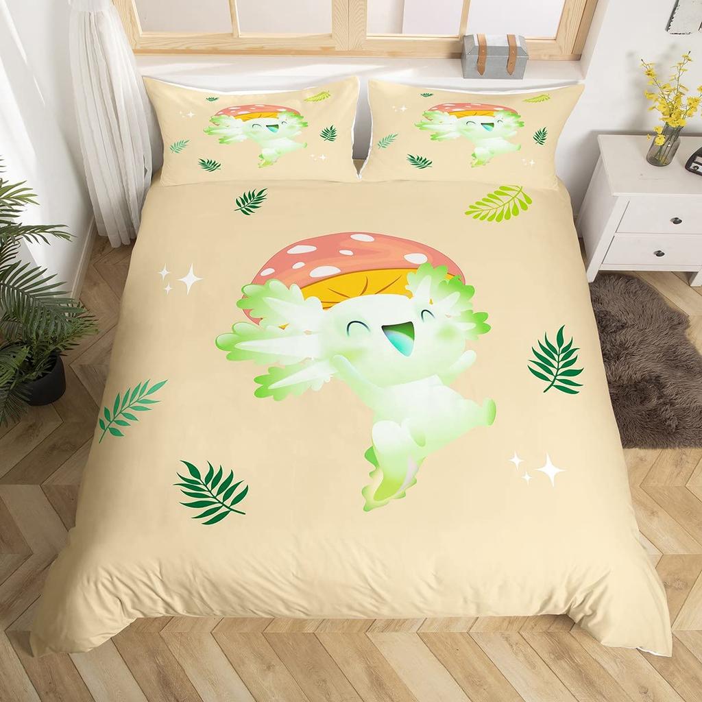 Cartoon Axolotl Bettbezug Queen Size, Sonnenblumen Bettwäscheset Niedliches Tier Botanisch Bettdeckenbezug Aquarell Gelb Steppdeckenbezug