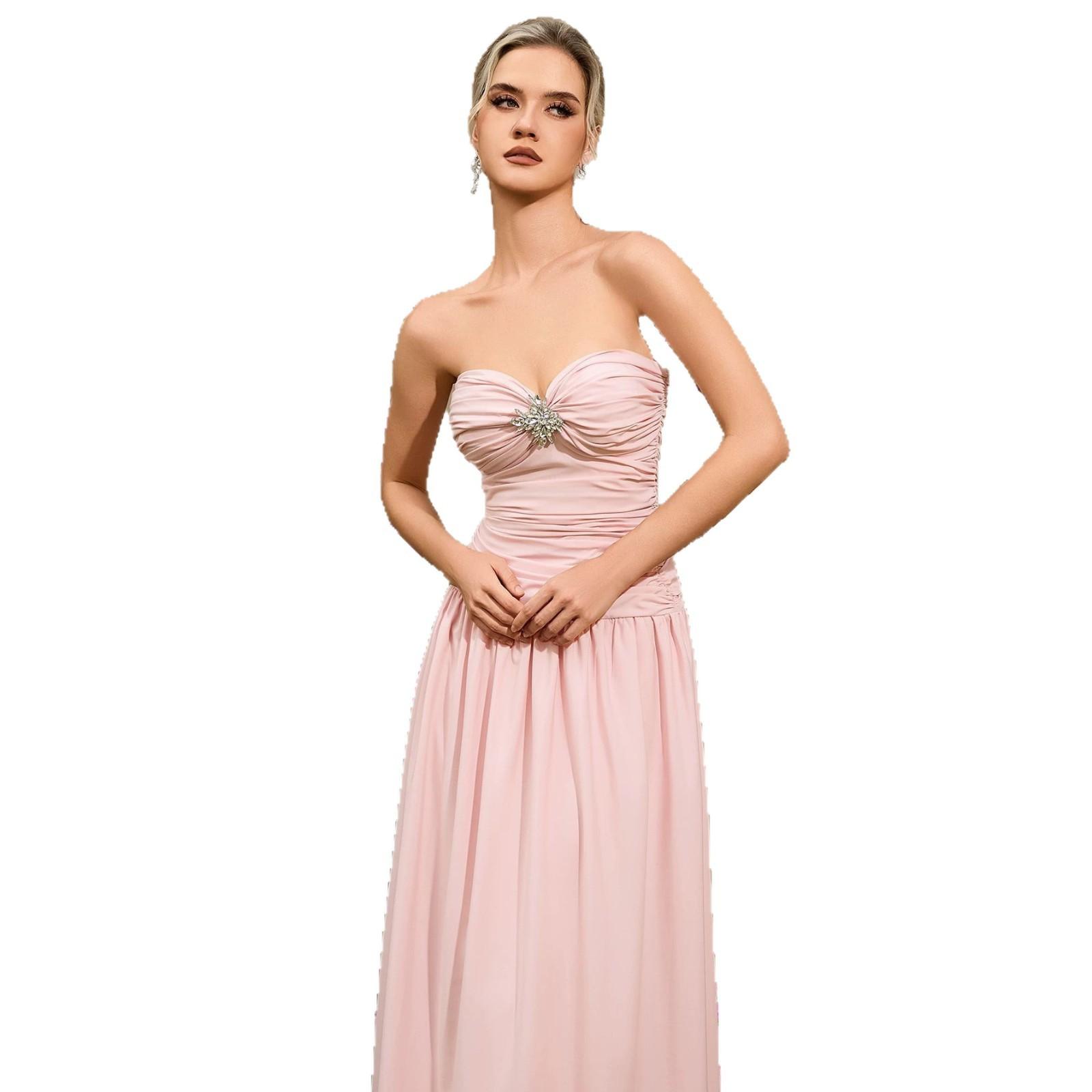 2026 new pink tube top evening dress, light luxury diamond decoration banquet host temperament waist dress XS розовый