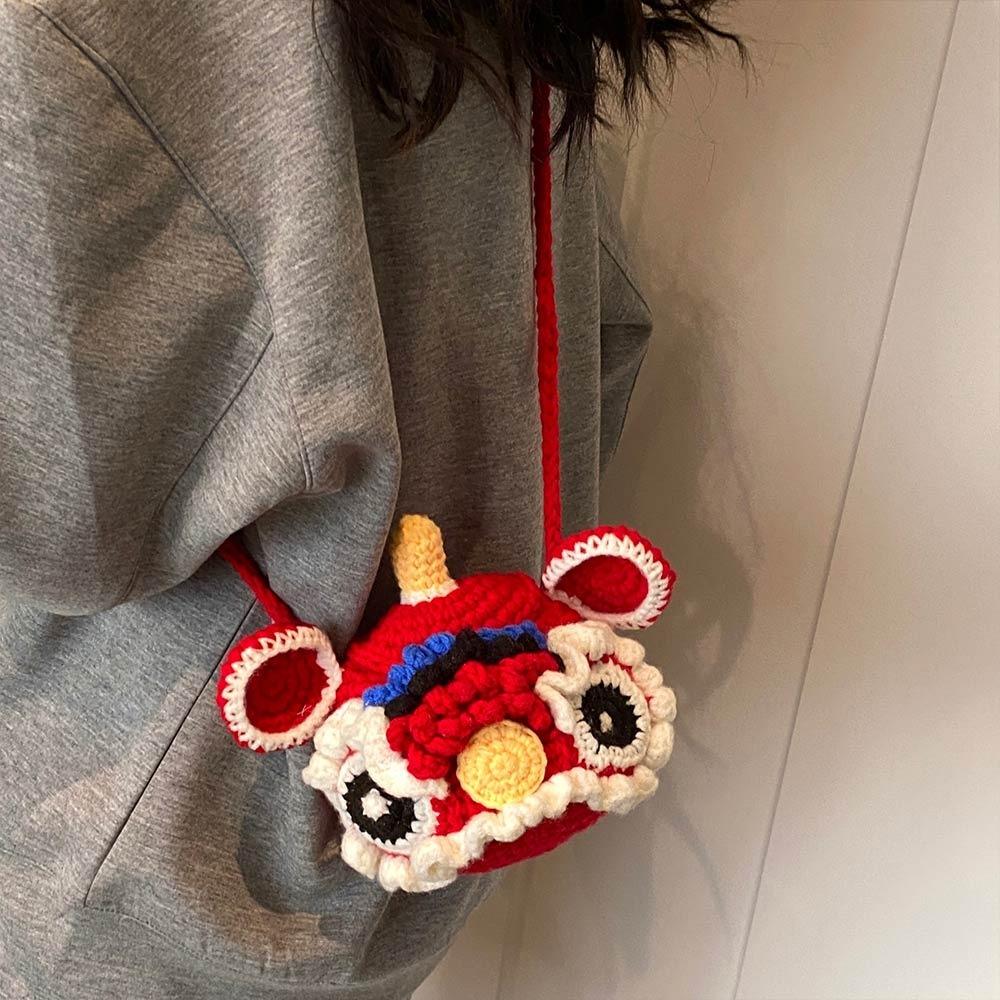 New Handmade Kintted New Year Shoulder Bag Personality Red Color Spring Festival Coin Purse Crossbody Bag