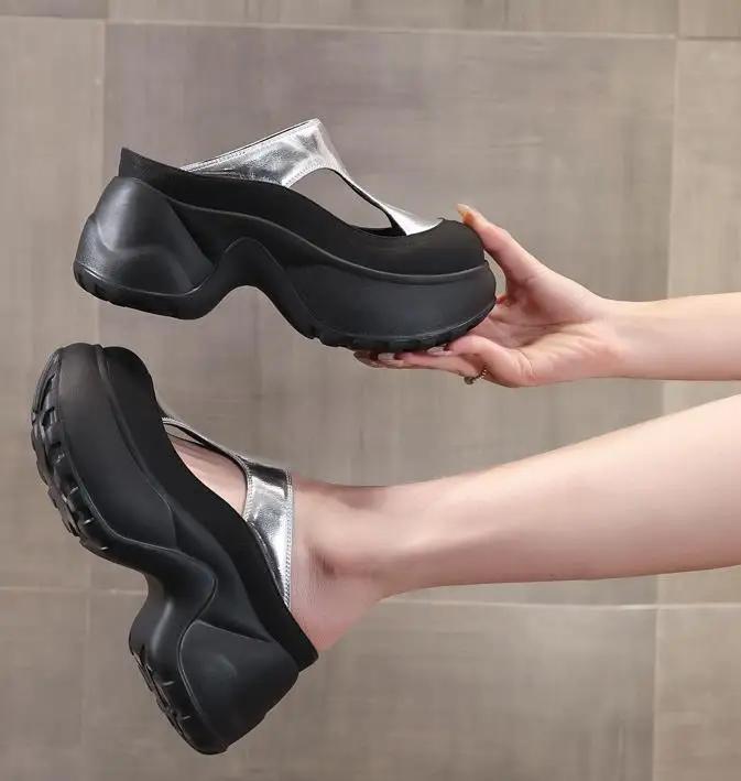 Fashion 9CM Synthetic Microfiber Leather Women Sandals Summer Hollow Bling Vulcanize Slipper Platform Wedge Flats Chunky Sneakers Shoes