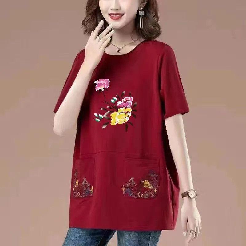 Long Length Pure Cotton Short-Sleeved T-shirt for Women Summer New Arrival Loose Plus Size Middle-Aged Ladieswear Loose Tummy Hiding Slimming Tops