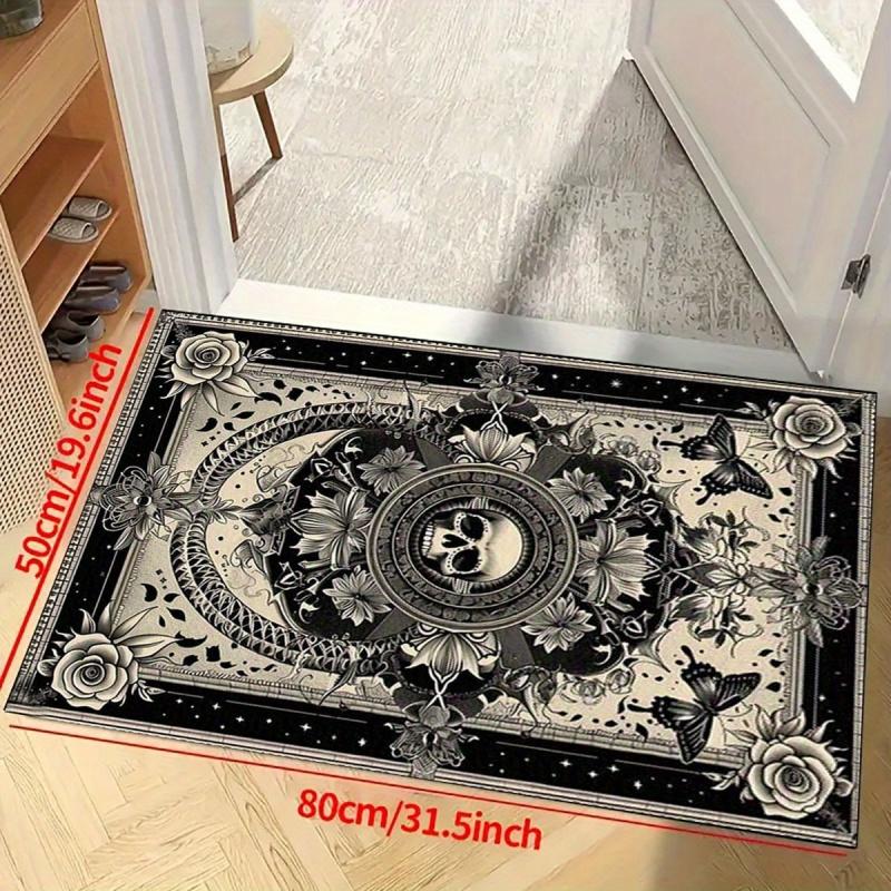 VIKAMA Gothic Skull Floral Doormat Non Slip Washable Entryway Rug Dark Academia Skull Rose Print Floor Mat Bathroom Living Room