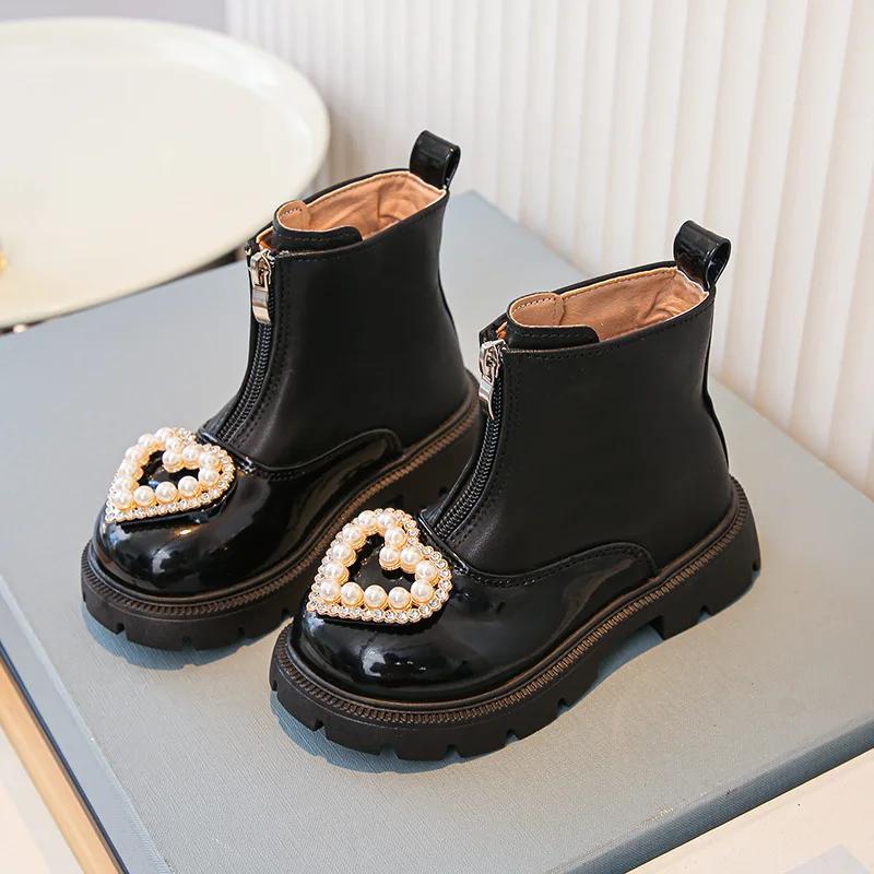

2024 Осень Зима Новые Детские Ботинки Модные Жемчужные Лоскутные Флисовые Короткие Ботинки для Девочки Теплые На Передней Молнии Детские Ботильоны 36 чёрный