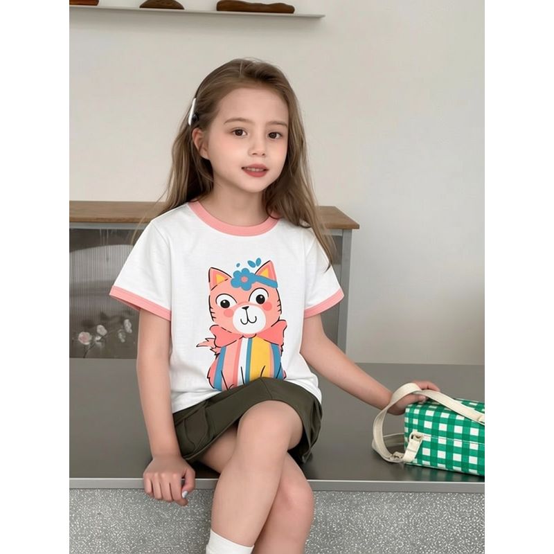 Korean Style Kidsren's Clothing Summer New Style 2026 Kidsren's Pure Cotton Short-Sleeved T-Shirt Cartoon Round Neck Pullover Girls' Clothes
