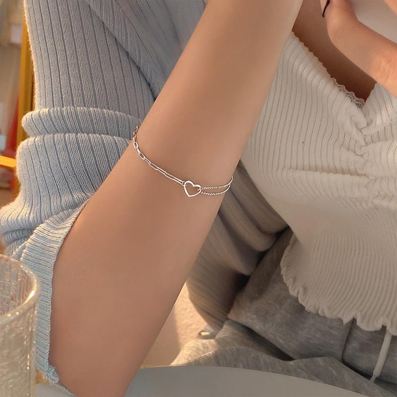 925 Sterling Silver Double-Layer Heart Ladies Bracelet Korean Charms Bracelets For Women Party Vintage Jewelry Accessories