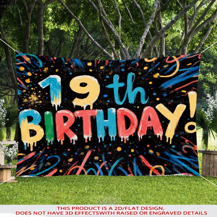 1pc 2D Flat 19th Birthday Party Banner Creative Graffiti Backdrop Indoor Outdoor Scene Party Decor For Garden Patio Living Room Birthday