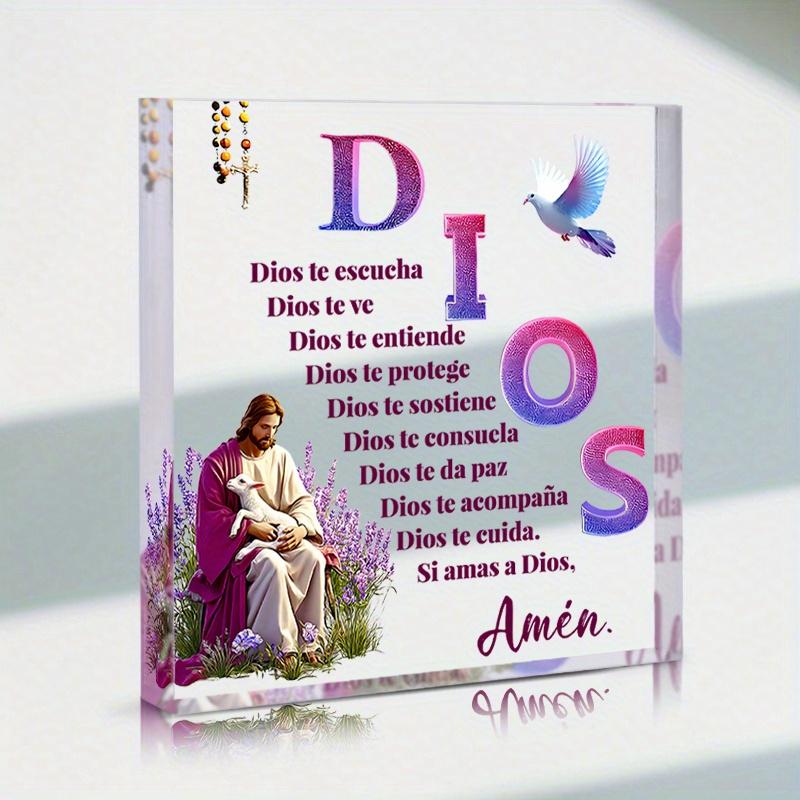 2D Flat, Bohemian Style Spanish "Dios" Prayer Acrylic Desktop Decoration Plaque, Jesus, Lamb, Suitable for wall Decoration, porch, Room, Villa, accent