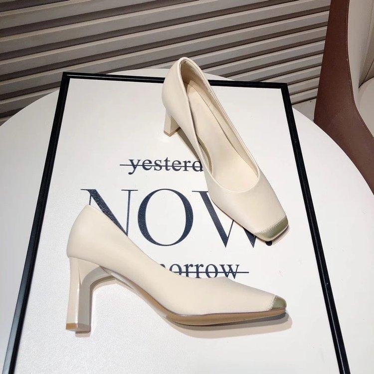 2025 spring new square head single shoes lady temperament color matching light mouth thick heel evening shoes versatile commuter high heels
