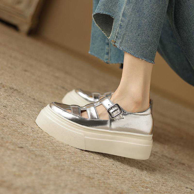 Krazing Pot Baskets en cuir véritable pour femme, chaussures décontractées, printemps, automne, été, plateforme, sangles à boucle, couleur argent