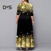 Women O Neck 3/4 Sleeve Maxi Dress Hollow Out Printing Loose Hem High Waist A Line Gown Long Dress Female Clothing