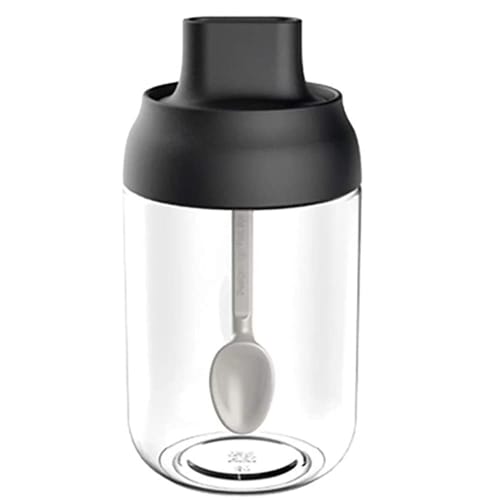 Spice Jar with Spoon Seal, Sugar and Salt Shaker, Household Condiment Bottle, 250ml, Black