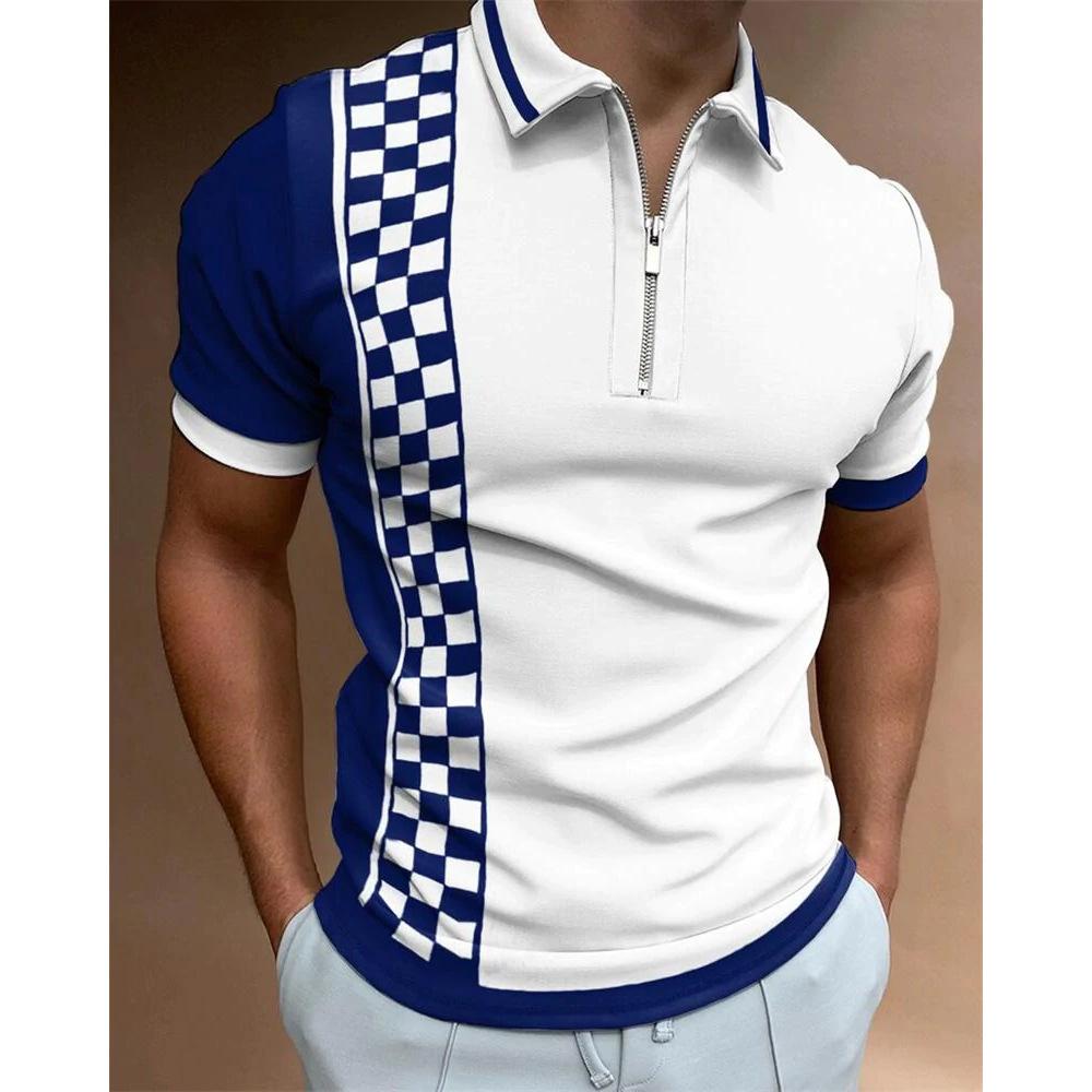 Trendy Chain Print Short Sleeve Polo Shirt, Stylish Men's Casual Top