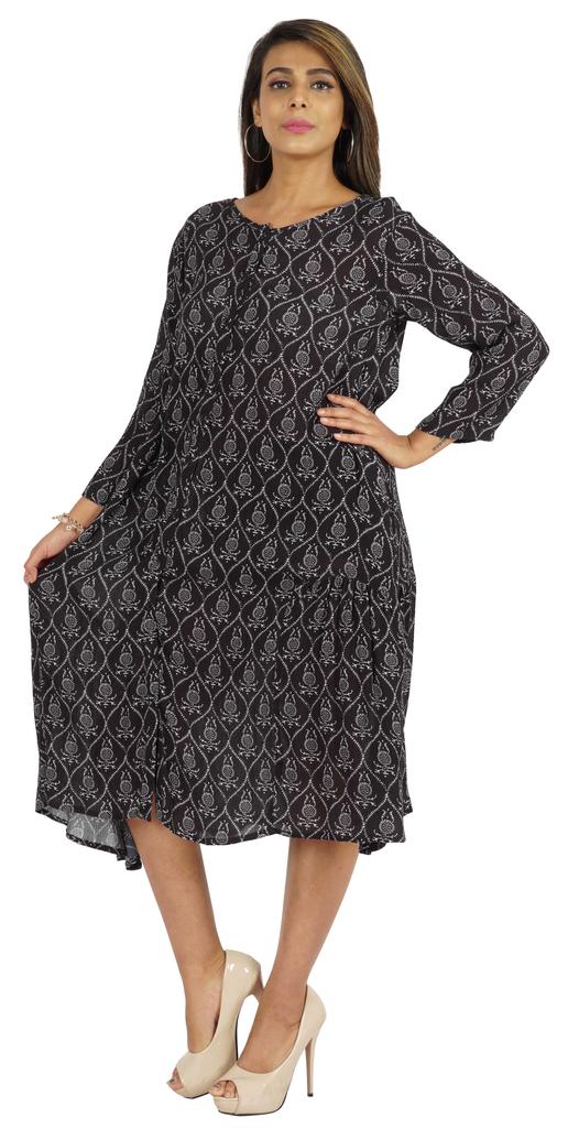 Bimba Printed Flared Midi Dress For Women Rayon Crepe Casual Summer Dress