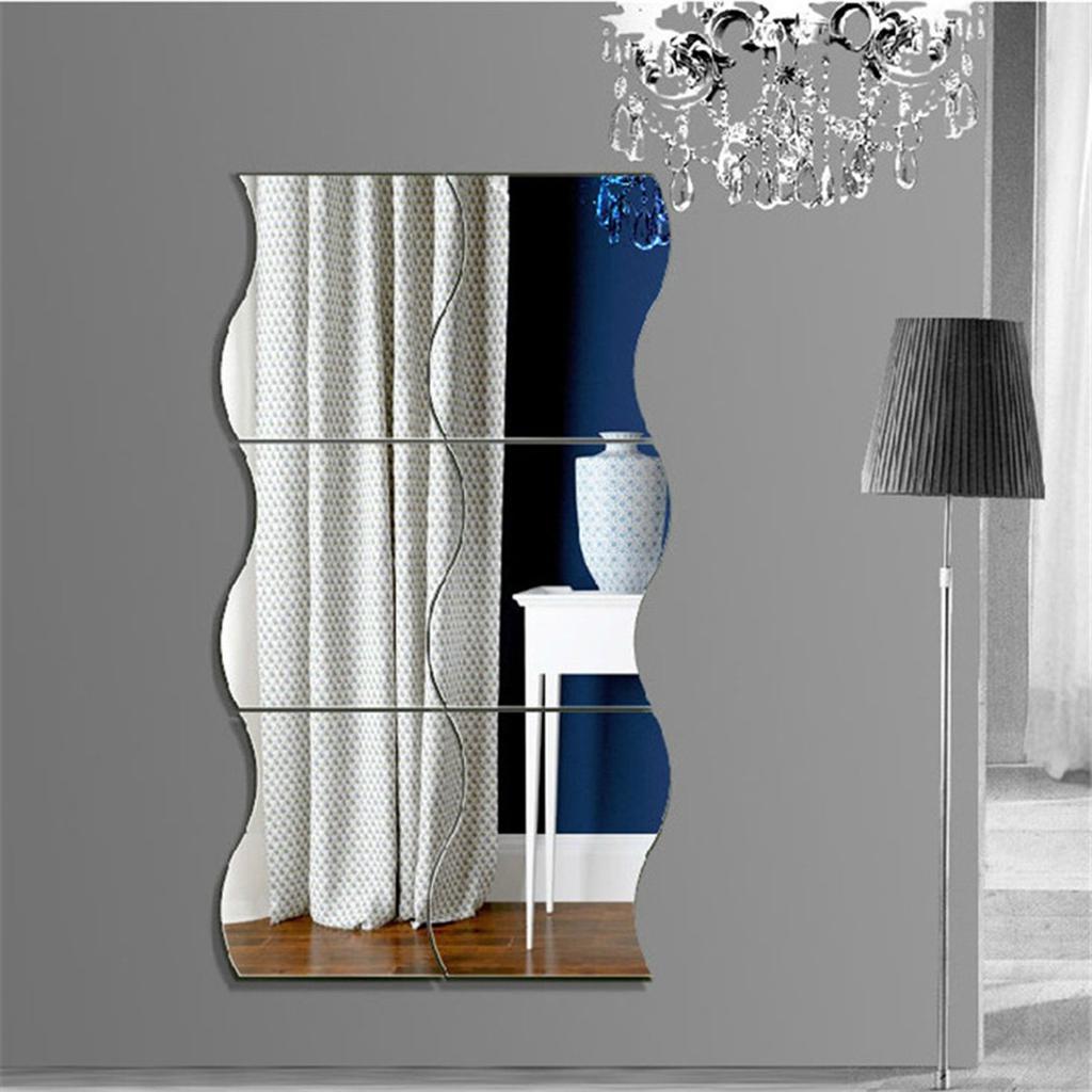 6PCS Mirror Tiles Wall Stickers Self Adhesive Acrylic Mirror Wall Stickers Wave Shapes Bedroom Bathroom Arts Decals Home Decor