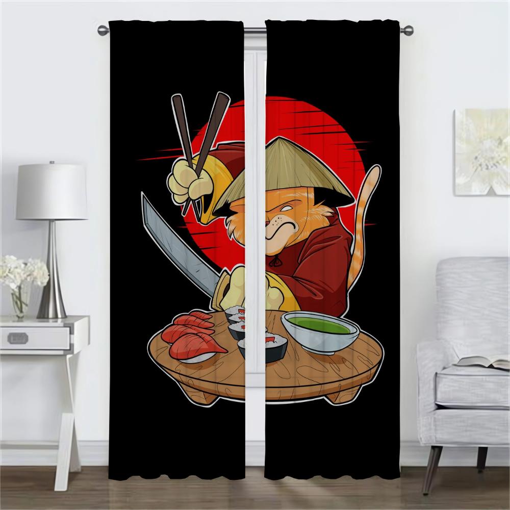 Sushi Cat Curtains for Bedroom Blackout Curtain for Room 2 Panel Shades Partition Halloween Decoration Home Interior Curtains