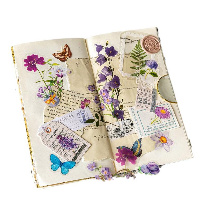 Retro Floral Journal Sticker Pack: Whisper To Flowers Series - 100 Sheets, 6 Designs