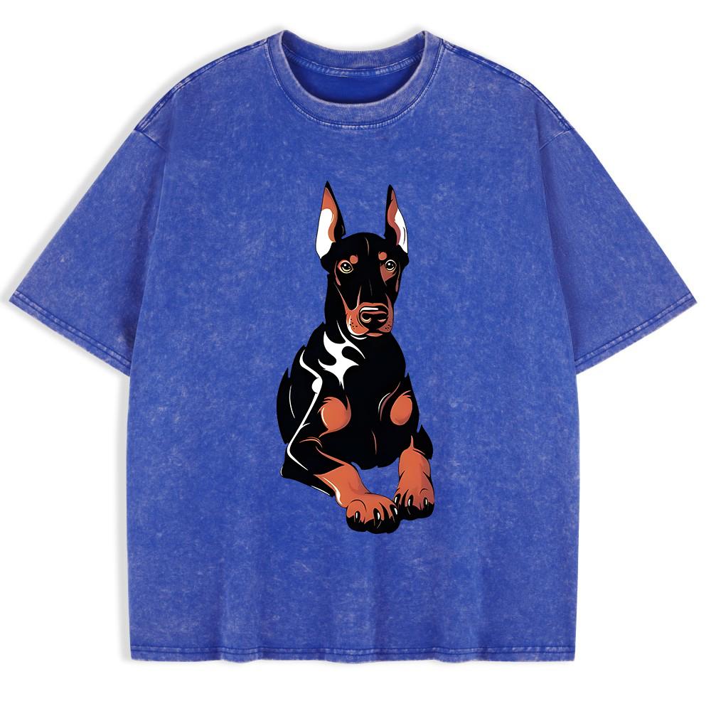 Doberman Dog Printing Washed T-Shirts Mens Cotton Short Sleeve Tops Summer O-Neck Oversized T Shirts Basic Clothes