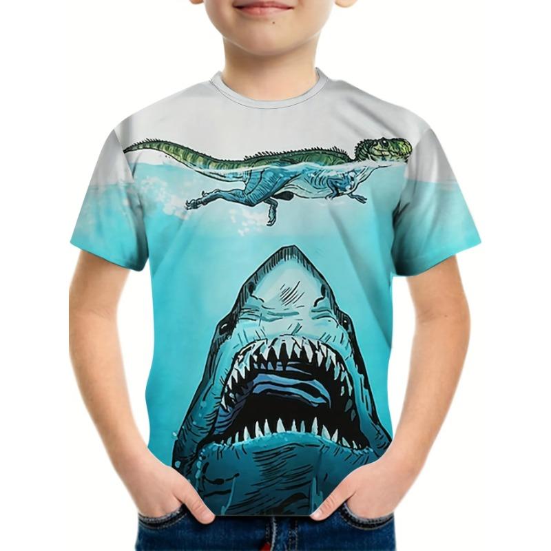 Sommar Rundhals 3D Dinosaurie Tryckt Topp Trendig Casual Kortärmad Barn Pojk T-shirts