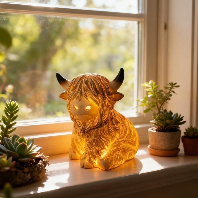 High Land Cow Nightlight Resin Miniature Figurine Desk Ornament Battery Powered for Farmhouse Tiered Tray Decors Gift